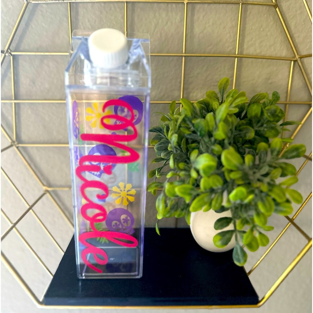 Custom name and pink, purple, sugar skull milk carton water bottle 16 oz